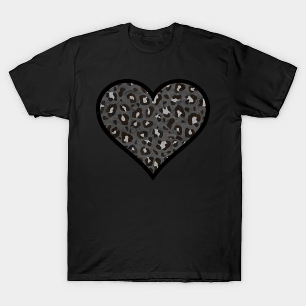 Dark Gray, Black and White Leopard Print Heart T-Shirt by bumblefuzzies